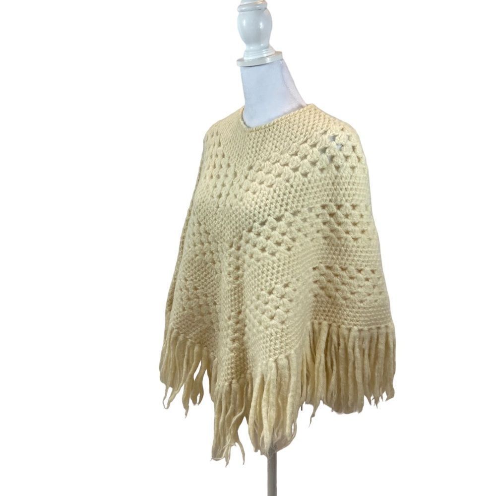 Vintage Ivory Pure Wool Fringe Open Knit Poncho One Size